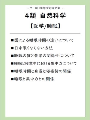 cover image of 課題探究論文集（71期）4類自然科学【医学/睡眠】